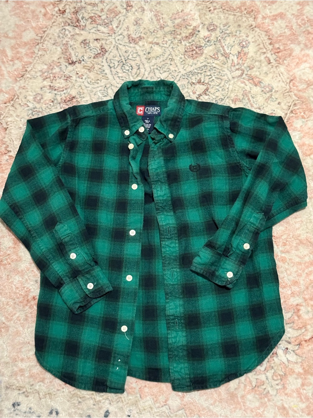 Chaps Green and Black Plaid Button-Down Shirt Size 7